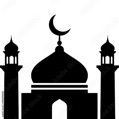 A simple black and white silhouette of a mosque with a dome and two minarets, ideal for religious or architectural concepts