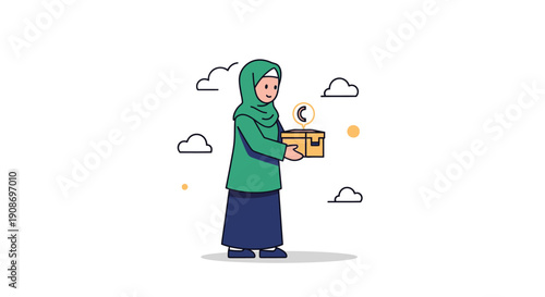 Woman in hijab holding a gift box with a clock symbol outside
