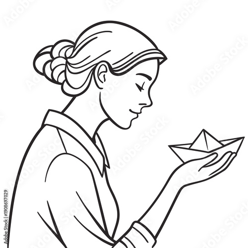 Woman holding paper boat with closed eyes in minimalist line art  