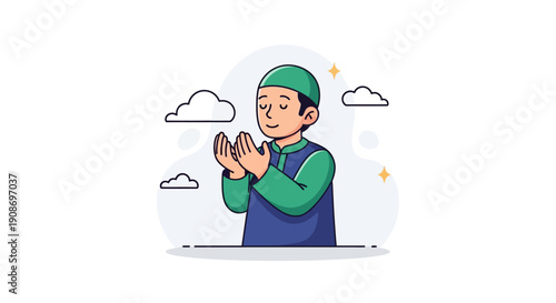 Child praying outdoors with clouds and stars, peaceful spiritual moment