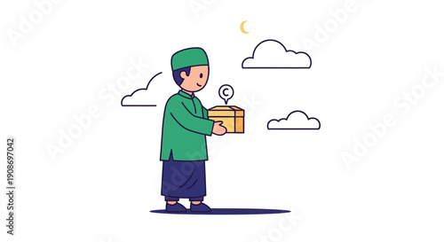 Young Boy Holding Gift Box Outdoors Under Cloudy Sky