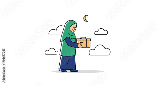 Young Woman in Hijab Holding Gift Box under Night Sky