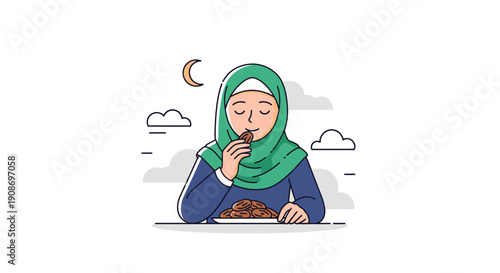 Peaceful Muslim Woman Enjoying Her Meal in a Calm Setting
