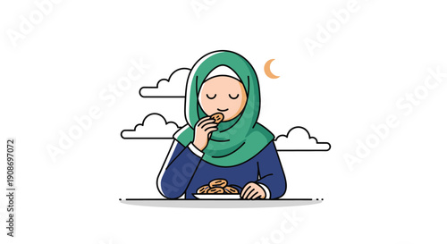 Woman in Green Hijab Eating Coins with Cloudy Night Sky