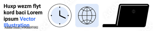 Time management, global connectivity, remote work, digital communication, technology use, universal symbols. Clock, globe icon and laptop silhouette. Time management and global connectivity concepts
