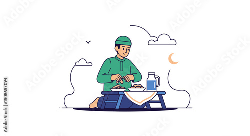 Young man enjoying outdoor tea experience under sky with clouds