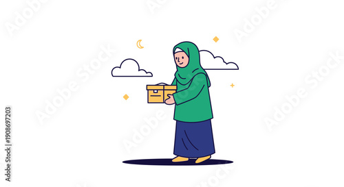 Illustration of a Muslim woman in hijab holding a gift box outdoors