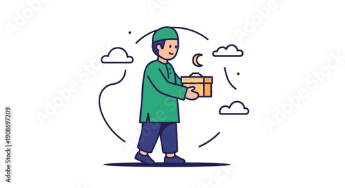 Cute Cartoon Boy Holding Gift Box for Celebration or Surprise