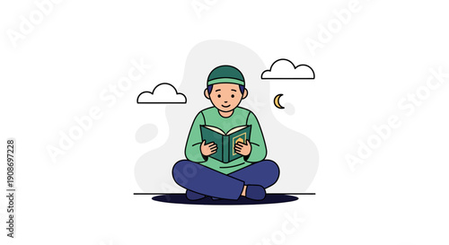 Young man reading book outdoors under cloudy sky