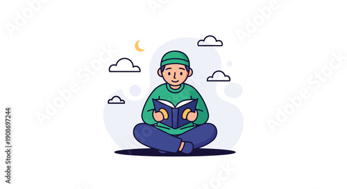 Young Boy Sitting Cross-Legged Reading Book in Outdoor Night Scene