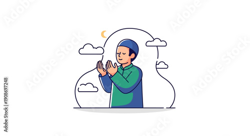 Young Man Praying Outdoors in Calm Nature Scene