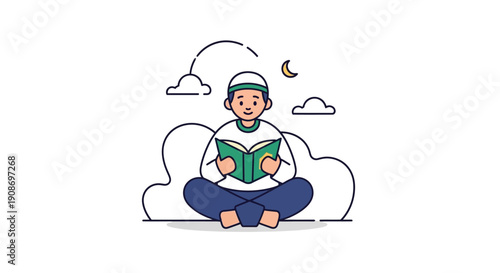 Child Reading Book Outdoors Under Night Sky Illustration