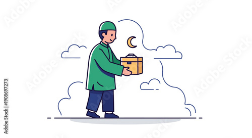 Cute Cartoon Man Holding Gift Box Outdoors in Night Scene