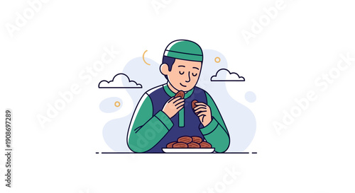 Young Man Enjoying Chocolate Snack While Using Smartphone