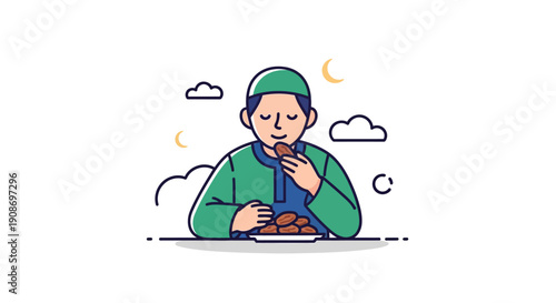 Young Boy Eating Snack Outdoors During Evening