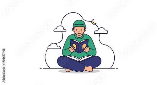 Young Boy Reading Book Under Night Sky with Moon and Clouds