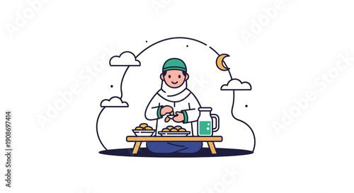 Cute Child Cooking Outdoors with Kitchen Tools and Nature Scene