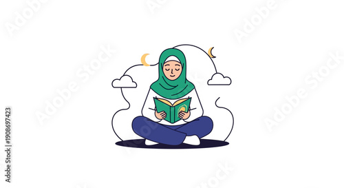 Young Muslim Woman Reading Quran in Meditation Relaxation