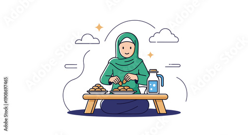 Peaceful Muslim Woman Preparing Food with Traditional Attire