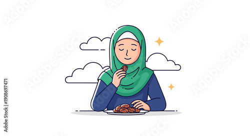 Peaceful Woman in Green Headscarf Enjoying Meal
