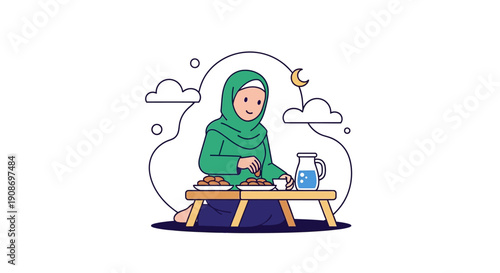 Peaceful Muslim woman enjoying tea during sunset at outdoor picnic