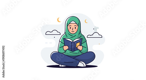Illustration of a Girl in Hijab Reading a Book Under Night Sky