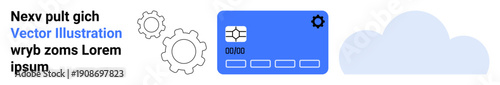 Online payments, cloud storage, fintech innovation, digital identity, technology synchronization, system settings. Blue credit card with gear icons and cloud graphics. Online payments and cloud