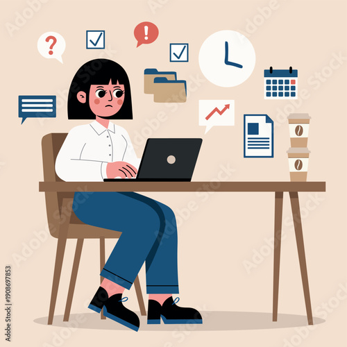 Overwhelmed stressed woman multitasking at busy desk with laptop, coffee, paperwork, vector illustration for modern work anxiety concepts
