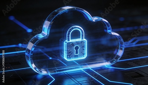 Cybersecurity lock inside cloud symbolizing secure cloud services, data privacy, encryption and digital protection, modern IT security and cloud computing concept