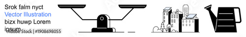 Justice, urbanization, sustainability, growth, agriculture, environment. A balance scale, cityscape and watering can in minimalist black-and-white design. Justice and urbanization with a focus on