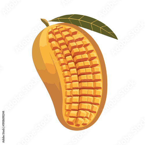 A ripe mango with a leaf still attached, showcasing its vibrant yellow-orange color isolated on white background, Vector, illustration