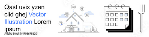 Smart living, home automation, scheduling, meal planning, household management, daily routines. A smart home with icons, calendar and fork. Smart living and home automation concepts