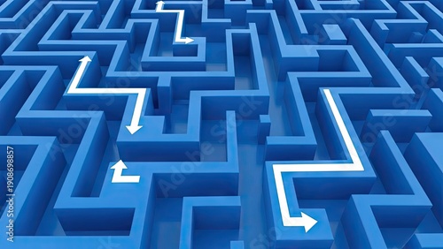A blue maze with white arrows pointing to the exit strategy
