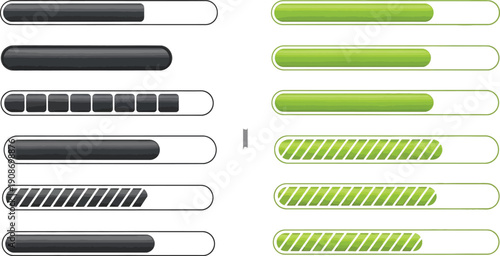 Black and green loading progress bar icons set
