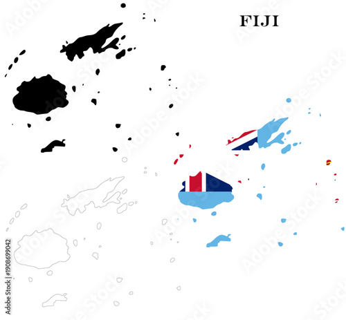 Fiji Country Maps Bundle with National Flag, Black Silhouette and Detailed Outline Contours