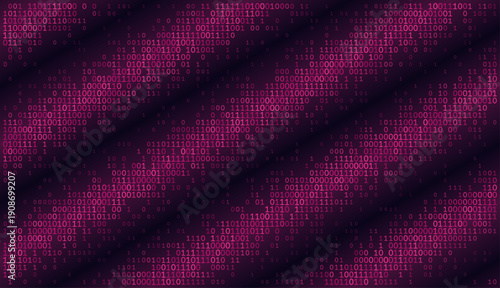 A dynamic horizontal canvas featuring waves of magenta and plum binary code. Diagonal bands of light create a rhythmic pulse across the data field, evoking high-speed fiber optic transmissions and sop