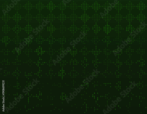 A rhythmic grid of emerald green binary diamonds transitioning into a sparse digital mist. This structured composition visualizes the organized decay of information, blending precise geometry with an 