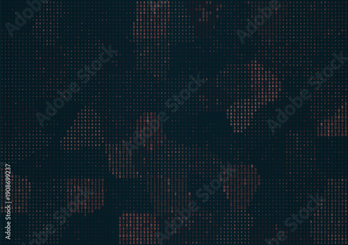 A sophisticated horizontal landscape featuring rhythmic clusters of binary code. Warm orange and peach tones blend into a deep charcoal expanse, suggesting a dawn of new data or a digital terraforming