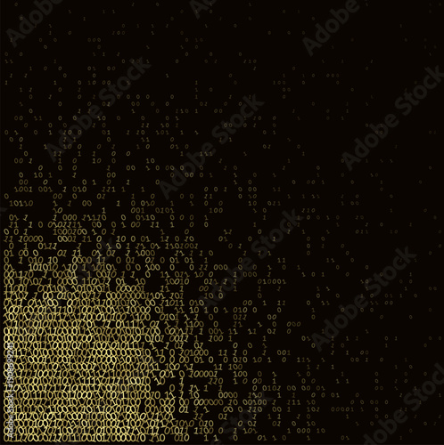 A sophisticated matrix of zeros and ones descending into a dense, shimmering golden cluster. This artistic data visualization captures the kinetic energy of information technology and the luxurious es