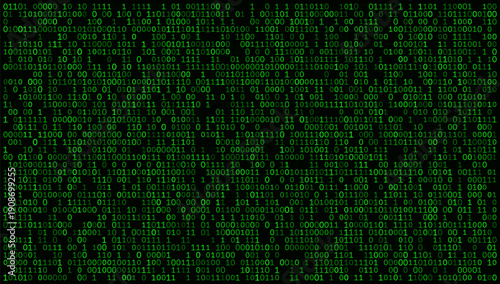 A vibrant, high-contrast screen of electric green binary code pulsating against a deep black void. This dense digital tapestry represents the raw power of classical computing, hacking aesthetics, and 