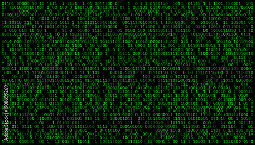 Konstfotografi A vibrant, high-contrast screen of electric green binary code pulsating against a deep black void