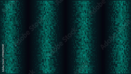 A sophisticated rhythmic arrangement of four vertical binary pillars shimmering in electric cyan. This digital tapestry balances structural symmetry with the fluid motion of streaming data against a d