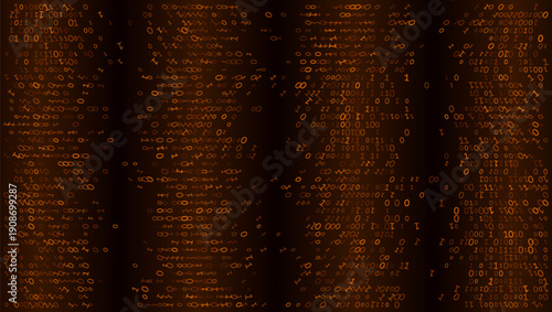 Rhythmic pillars of glowing bronze binary code cascade through a dark virtual void. This artistic visualization of structured data represents industrial computing power, high-speed processing, and the
