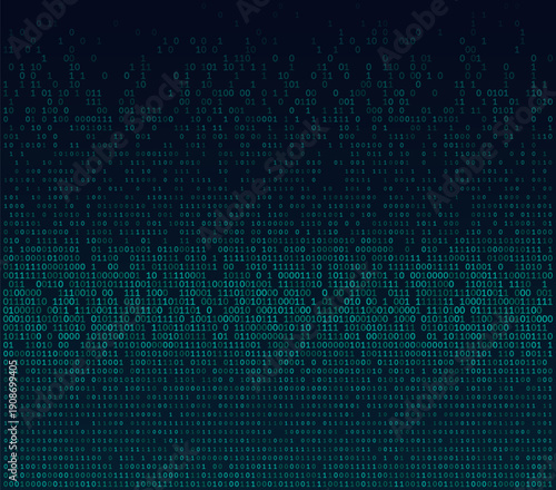 Luminous turquoise binary digits descend through a deep navy gradient, creating a tranquil yet high-tech digital waterfall. This elegant visualization represents seamless data transmission and the flu