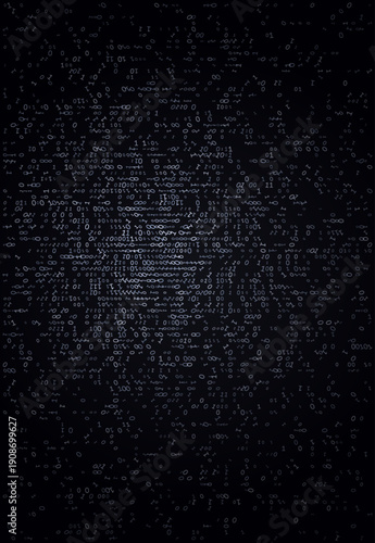 A dark, atmospheric exploration of scattered binary code. Glowing white and blue symbols drift through a void, forming an abstract data stream that captures the silent, chaotic beauty of the digital i