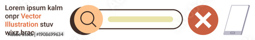 Online search, error handling, decision-making, user interface design, technology use, digital platforms. Search bar with magnifying glass, X mark and smartphone. Online search and error handling