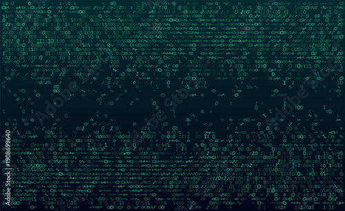 Luminous teal and cyan digits drift across a deep emerald abyss. This panoramic digital tapestry weaves together zeros and ones into a complex web of streaming data, evoking the vibrant energy of a hi