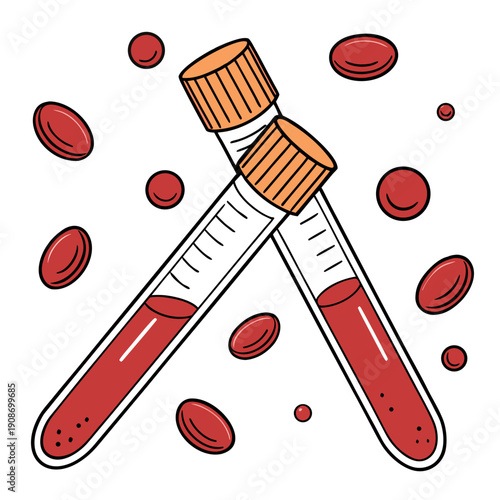 Crossed blood test tubes with red blood cells, medical laboratory diagnostics illustration.