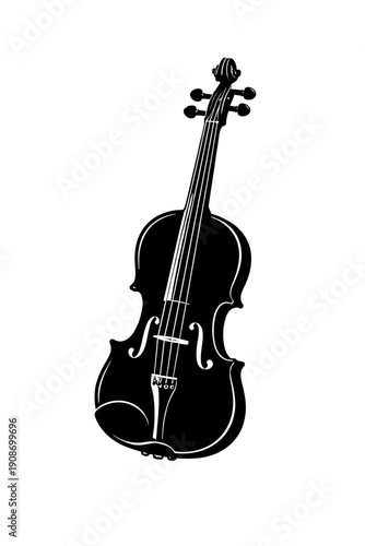 Black & White Violin Vector Illustration: Elegant Classical String Instrument Silhouette with Detailed Scroll, F-Holes, Bridge, Tailpiece, Tuning Pegs. Perfect for Music Designs, Orchestra Themes, Edu