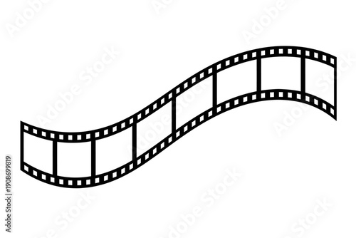 Wavy black film strip illustration, depicting classic cinema reel with empty frames and precise sprocket holes, symbolizing movie production, vintage film, digital video editing, cinematic arts, enter